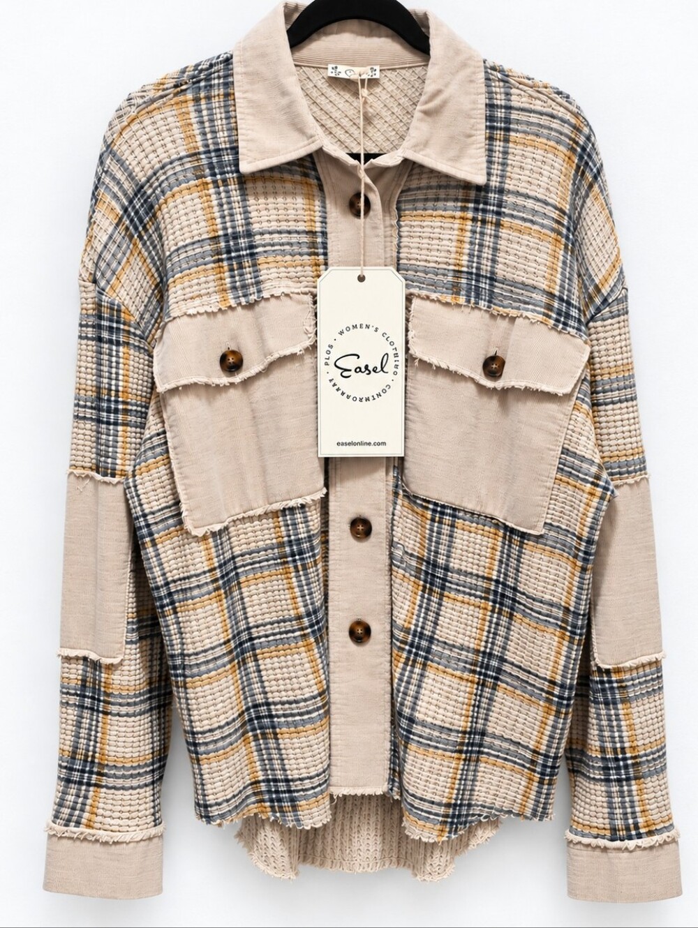 Easel Plaid Waffle Knit Shacket Oversized Button Down Small NWT